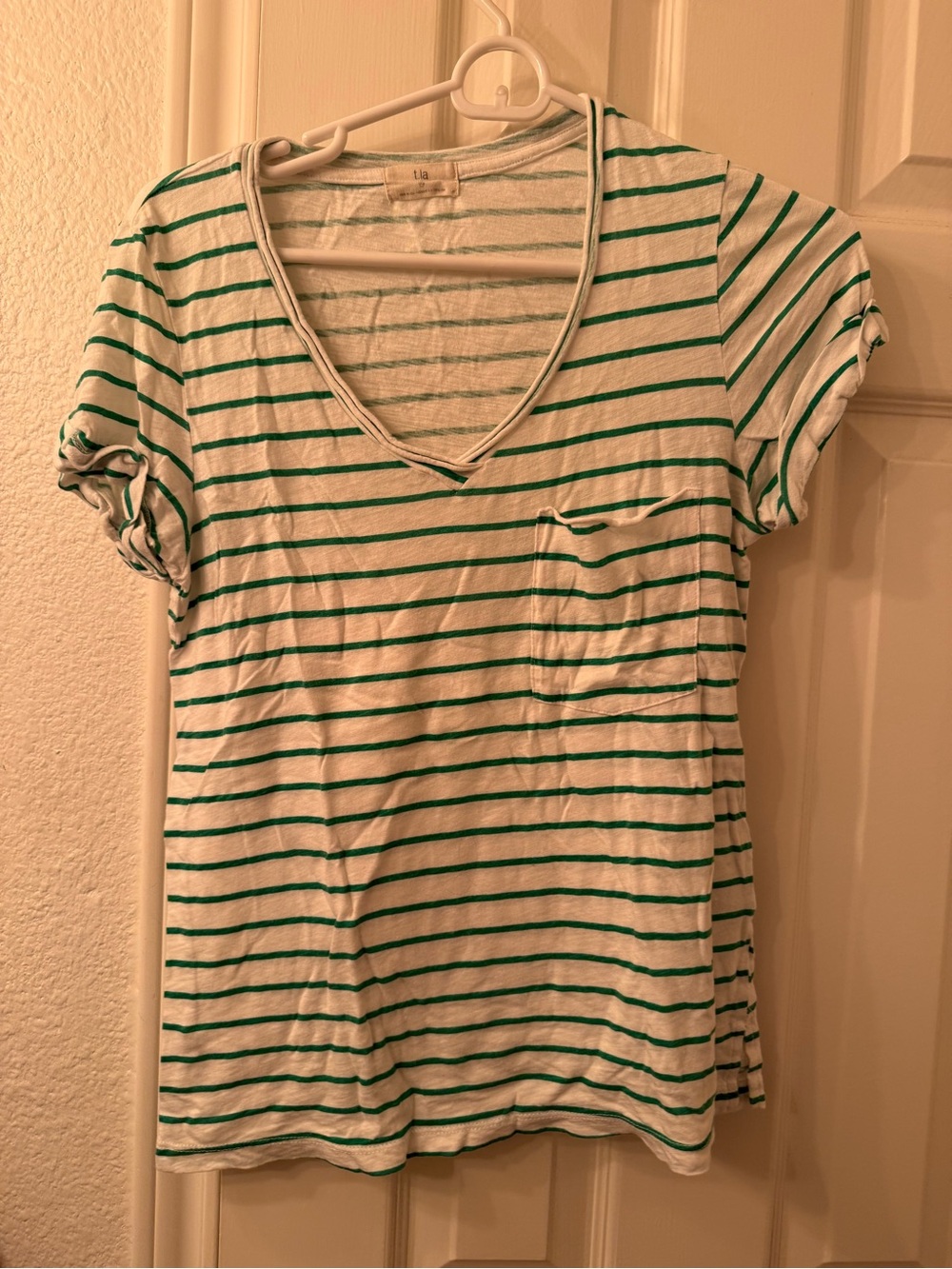 Pilcro Striped V-Neck Pocket Tee - White & Green